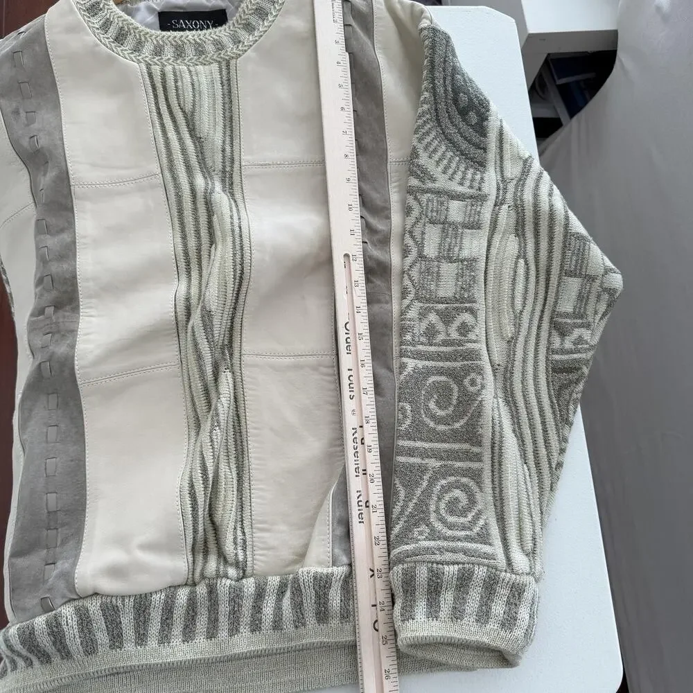 Vintage Saxony Collection Sweater Mens Medium Leather 3D Patchwork Cosby Hip Hop